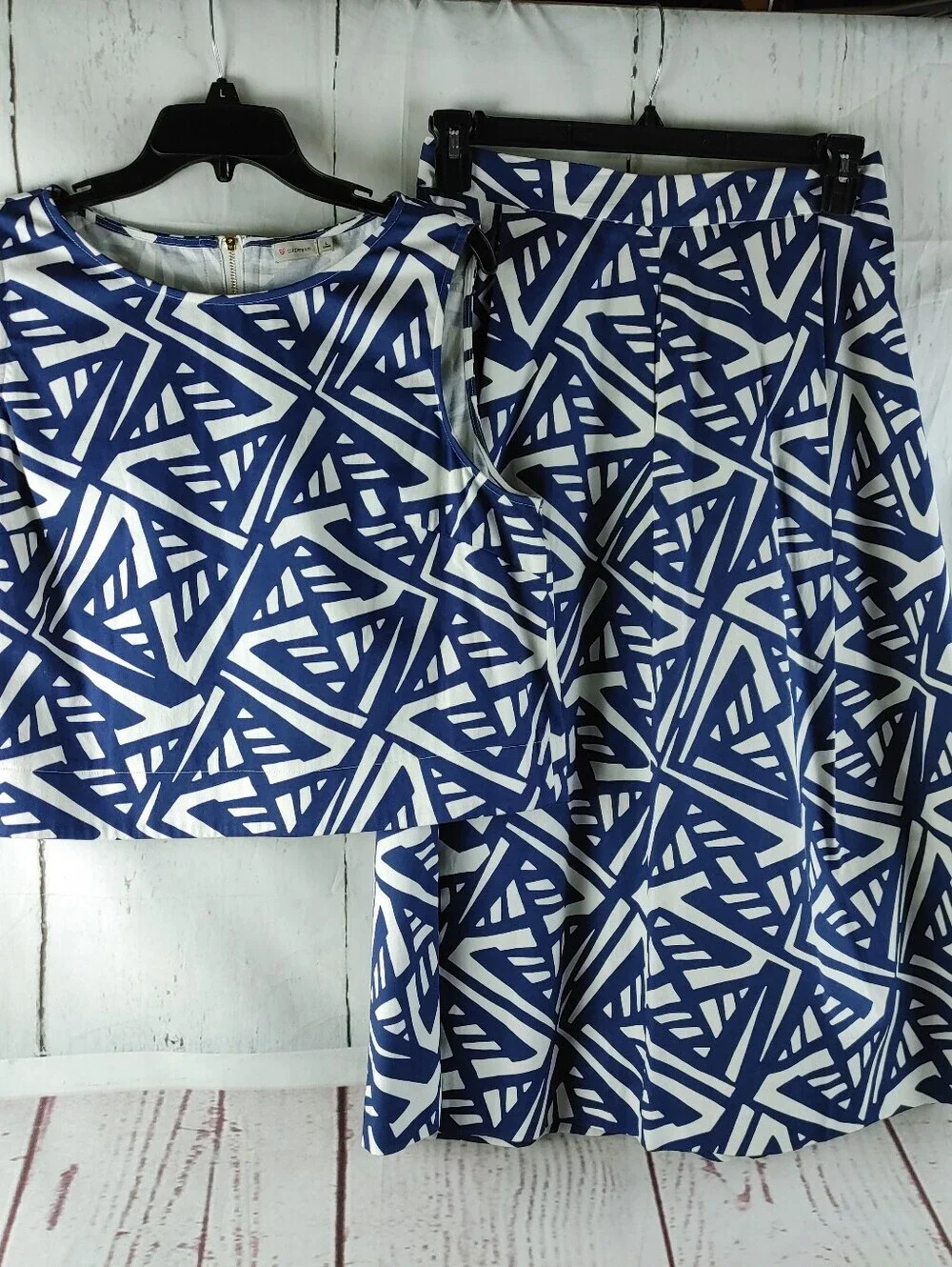 Cremieux Women 2 Piece Skirt Set Size L Top & Size 8 Skirt Blue White Geometric